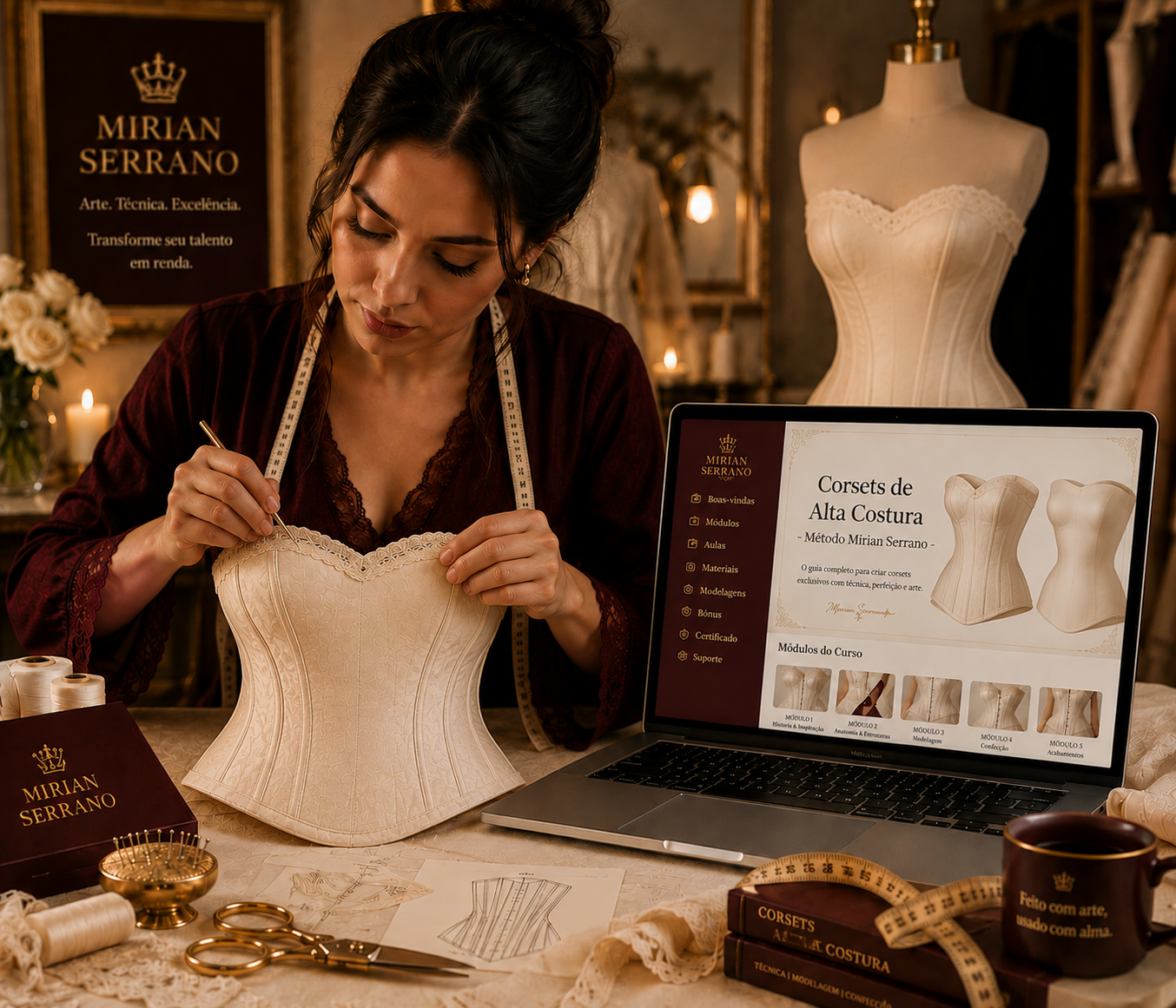 Mirian Serrano em seu ateliê com corselet e laptop do curso